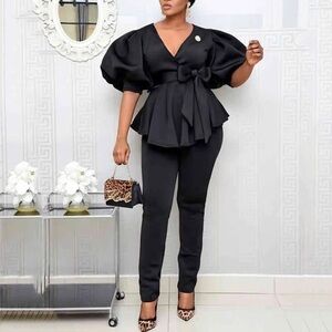 Blouses V Neck Short Lantern Sleeve Sashes Peplum Ruffles Top w/pants Size S